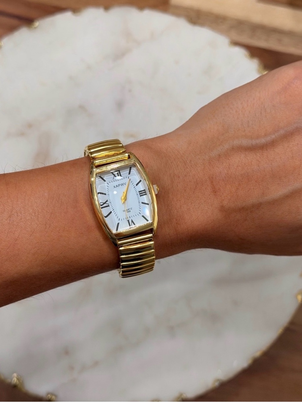 Gold Stretch Bracelet Watch with White Dial -